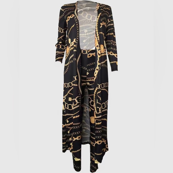 Chain Print Casual Two-piece Set, Open Front Coat & Slim Long Length Pants - Picture 2 of 6